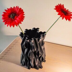 Geometric Black Vase Modern Abstract Wavy Decorative Vase, Faceted Sculptural